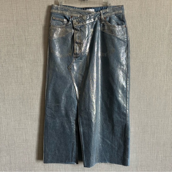 New Zara Silver Metallic Denim Asymmetric Midi Skirt 6045/017 Small Medium - Picture 4 of 10